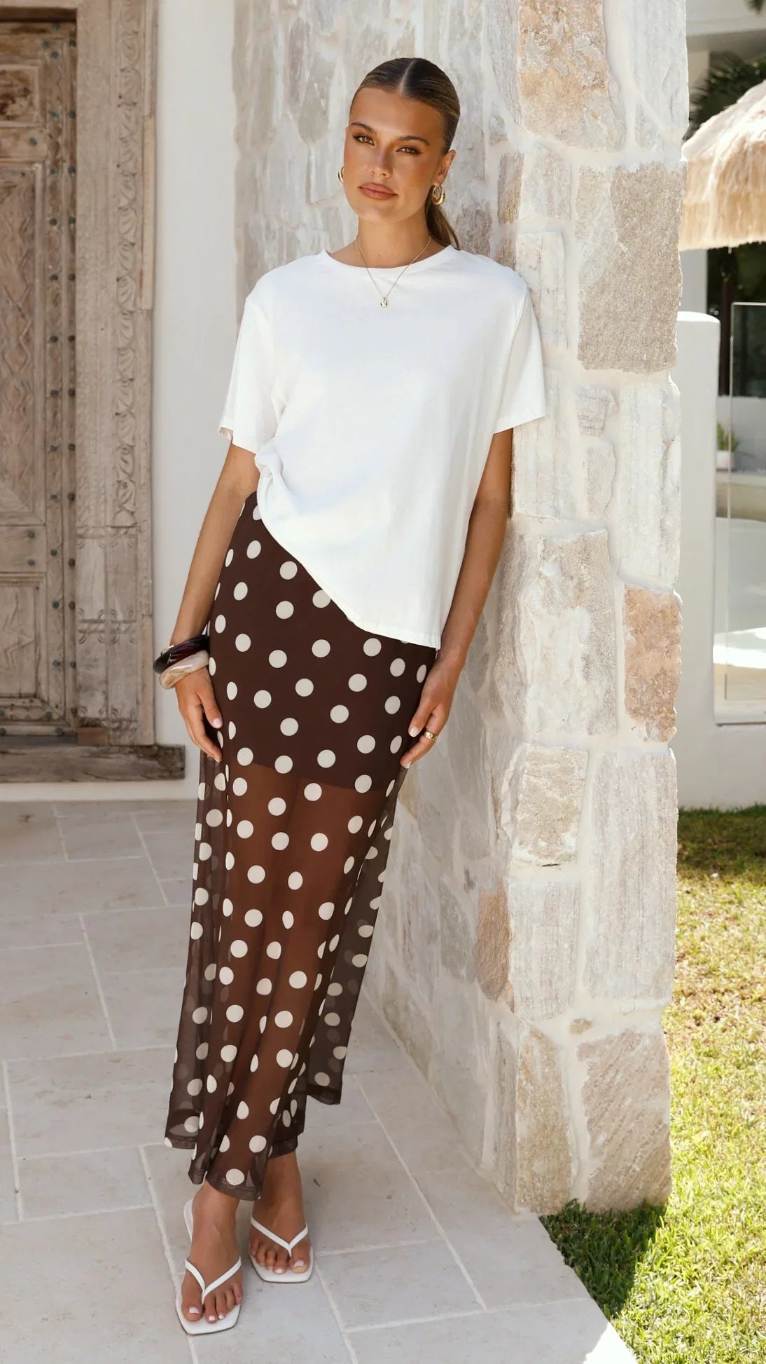 Onella Semi Sheer Maxi Skirt Chocolate White Polka Dot
