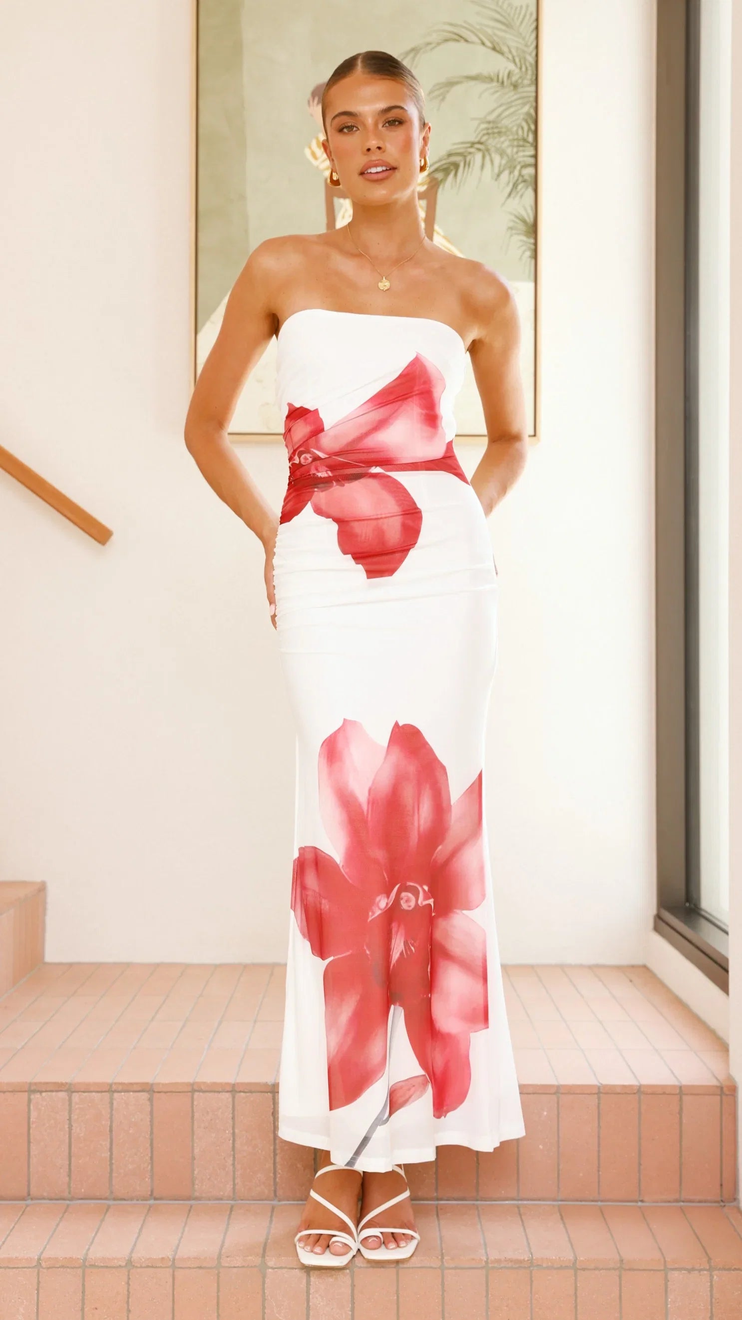 Brittani Strapless Maxi Dress White Red