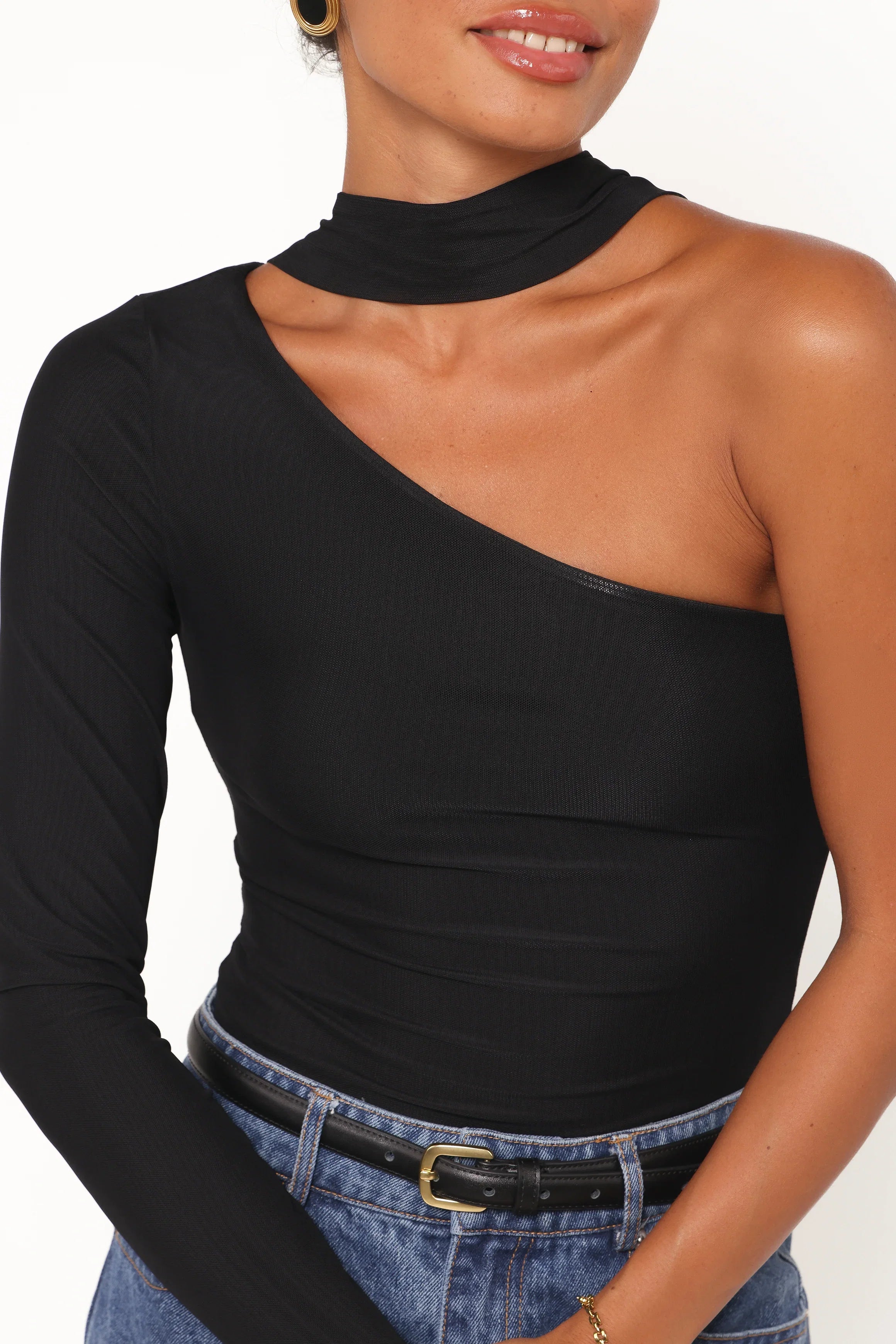 Carlie Mesh One Shoulder Top Black