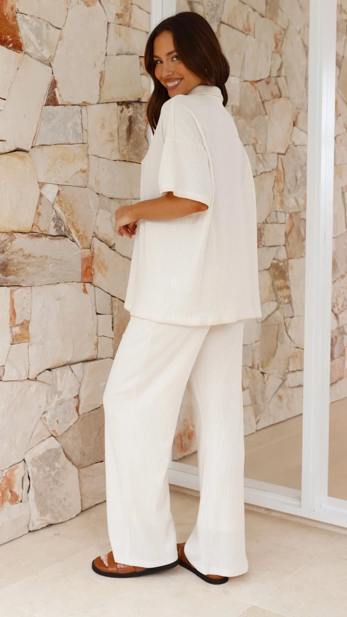 Madian Button Up Shirt and Pants Set Beige