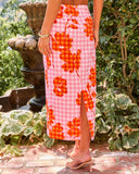 Checked Romance Floral Gingham Print Midi Skirt