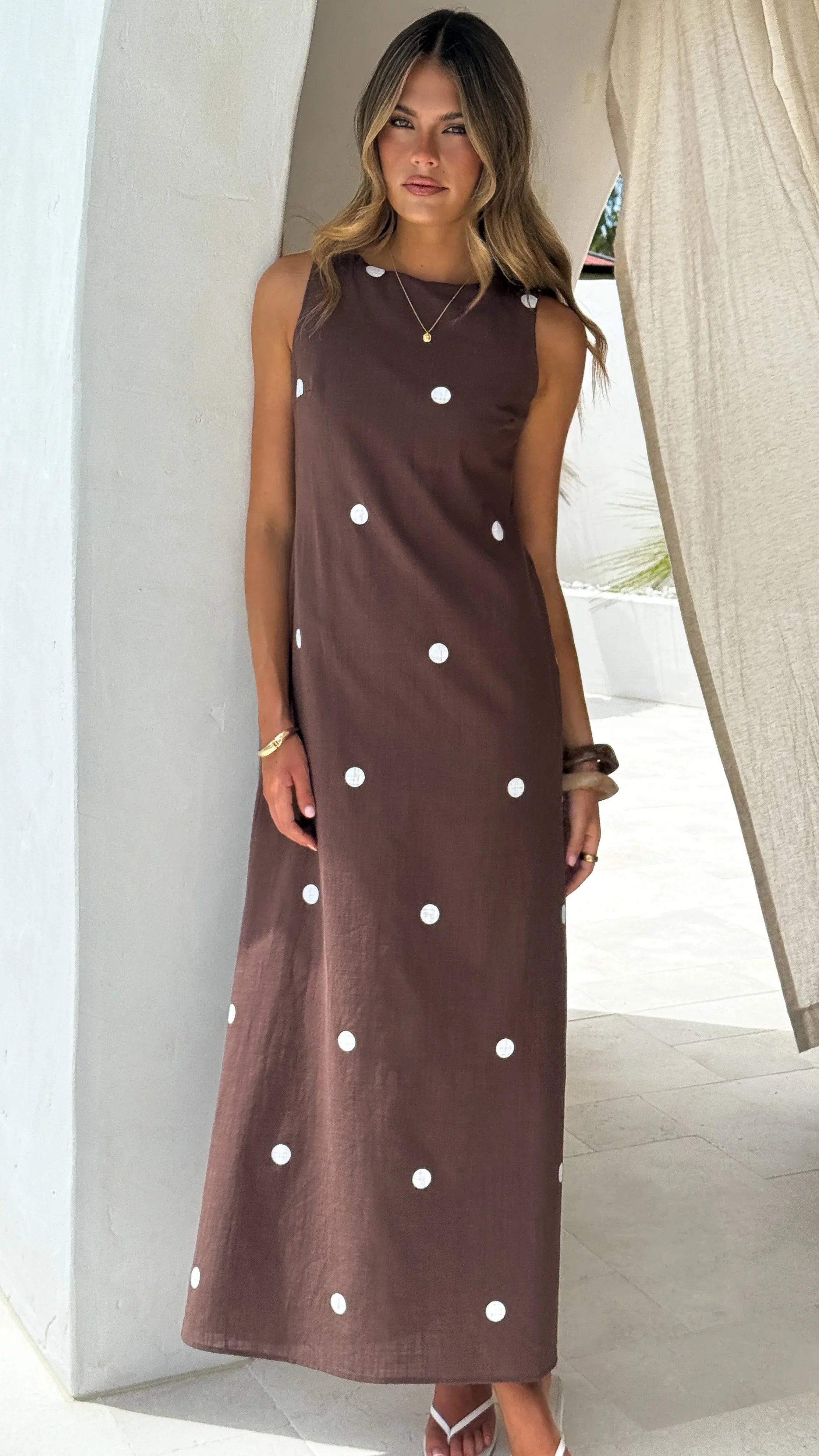 Vana Maxi Dress Brown White Polka