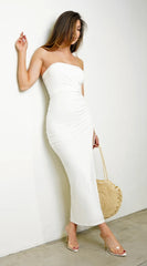 Solene Strapless Drawstring Side Ruched Maxi Dress White