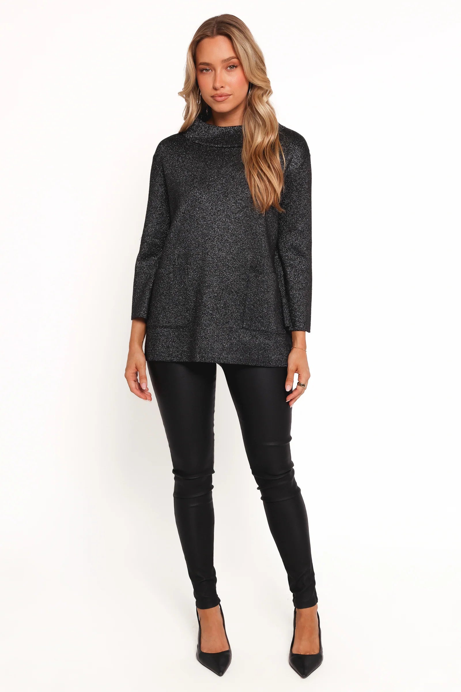 Tassie Cowlneck Lurex Shimmer Knit Sweater Black