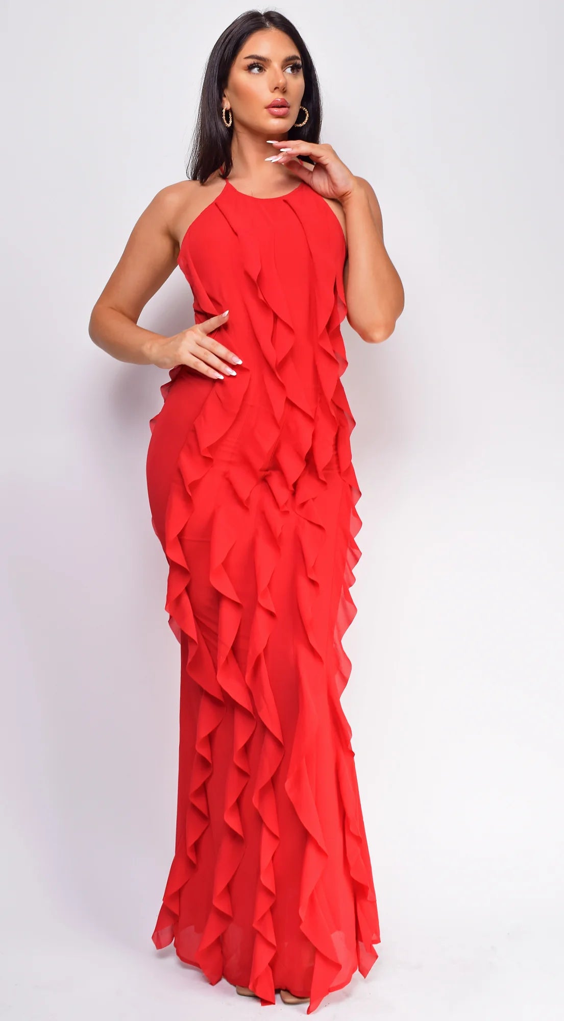 Erma Halter Ruffle Maxi Dress Red