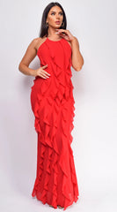 Erma Halter Ruffle Maxi Dress Red