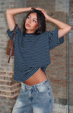Touchdown Oversized Tee Navy Mint Stripe