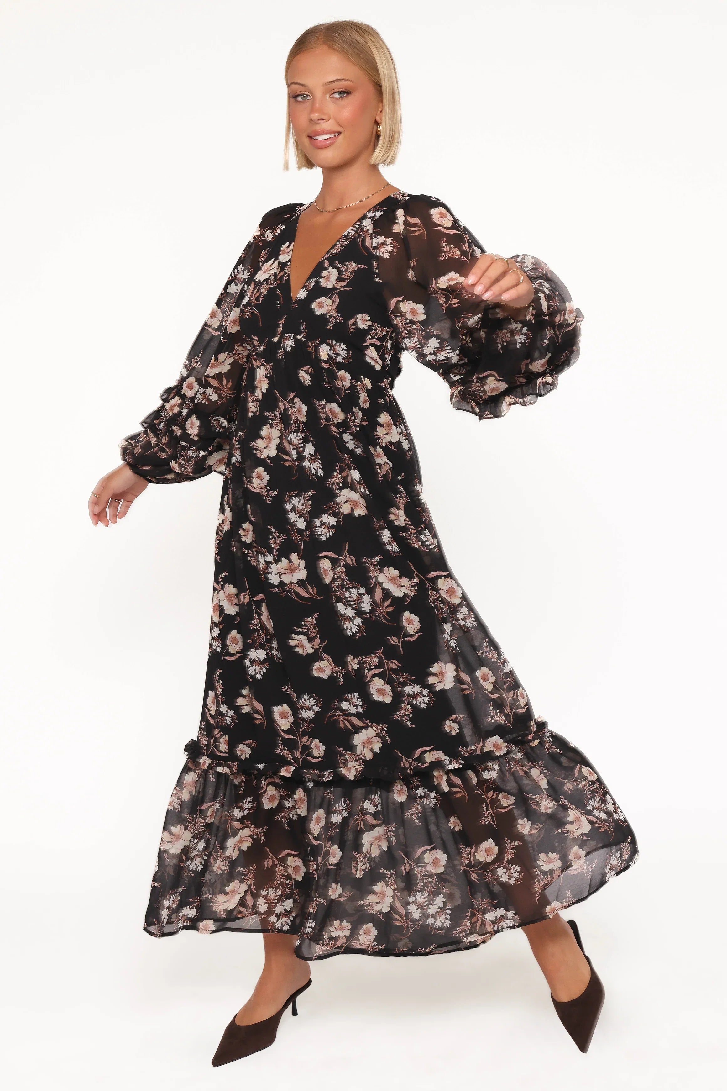Evian Long Sleeve Maxi Dress Black Floral