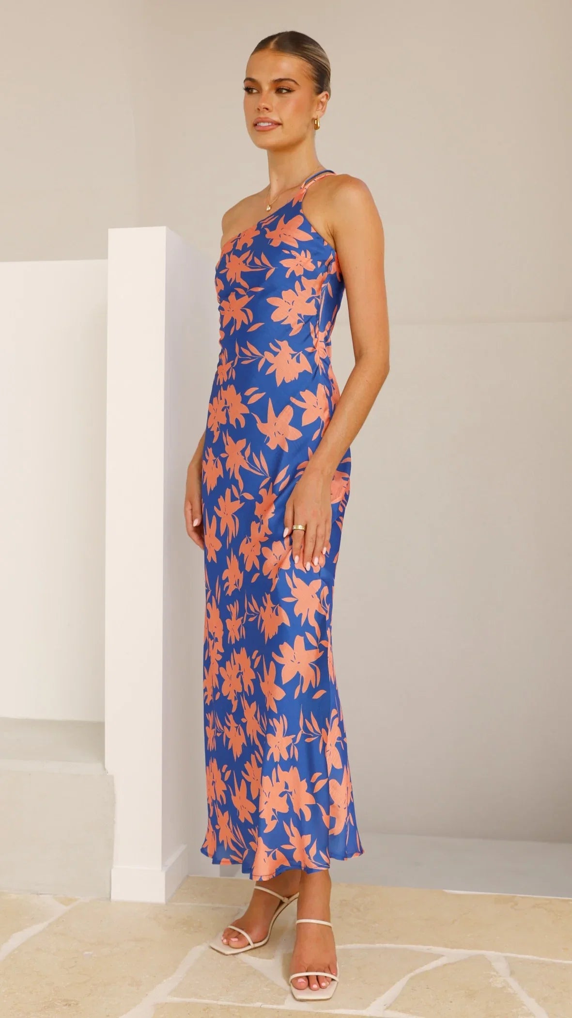 Verity One Shoulder Maxi Dress Orange Blue Floral
