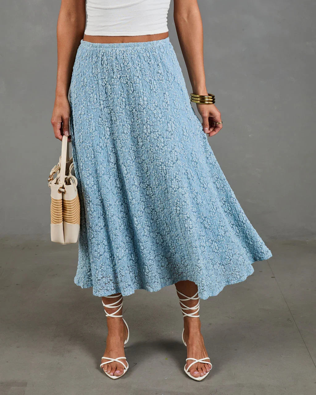 Refined Style Smocked Floral Lace Midi Skirt