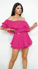 Karli Off Shoulder Ruffled Romper Pink