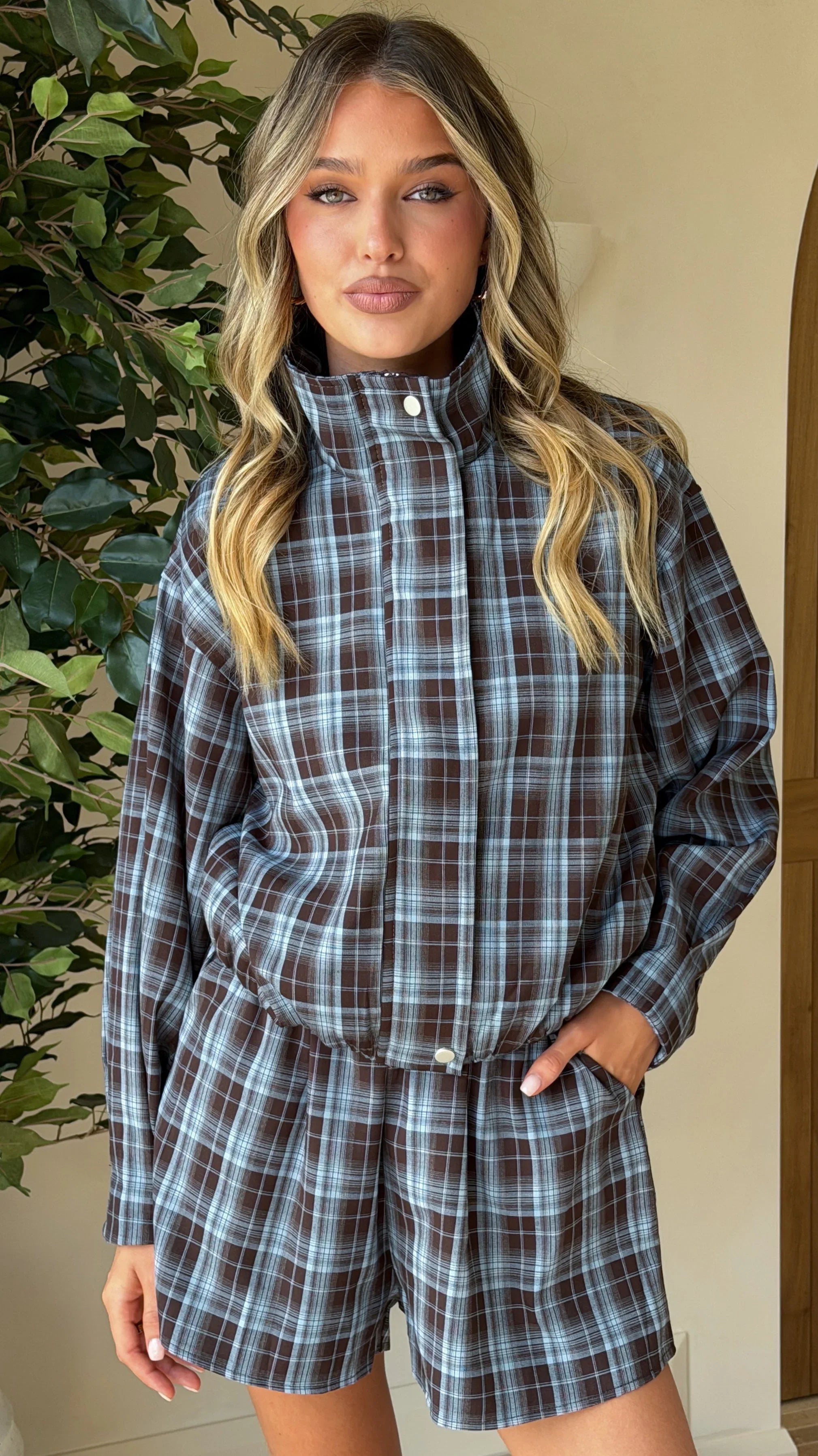 Ivana Funnel Neck Jacket Shorts Set Brown Blue Plaid