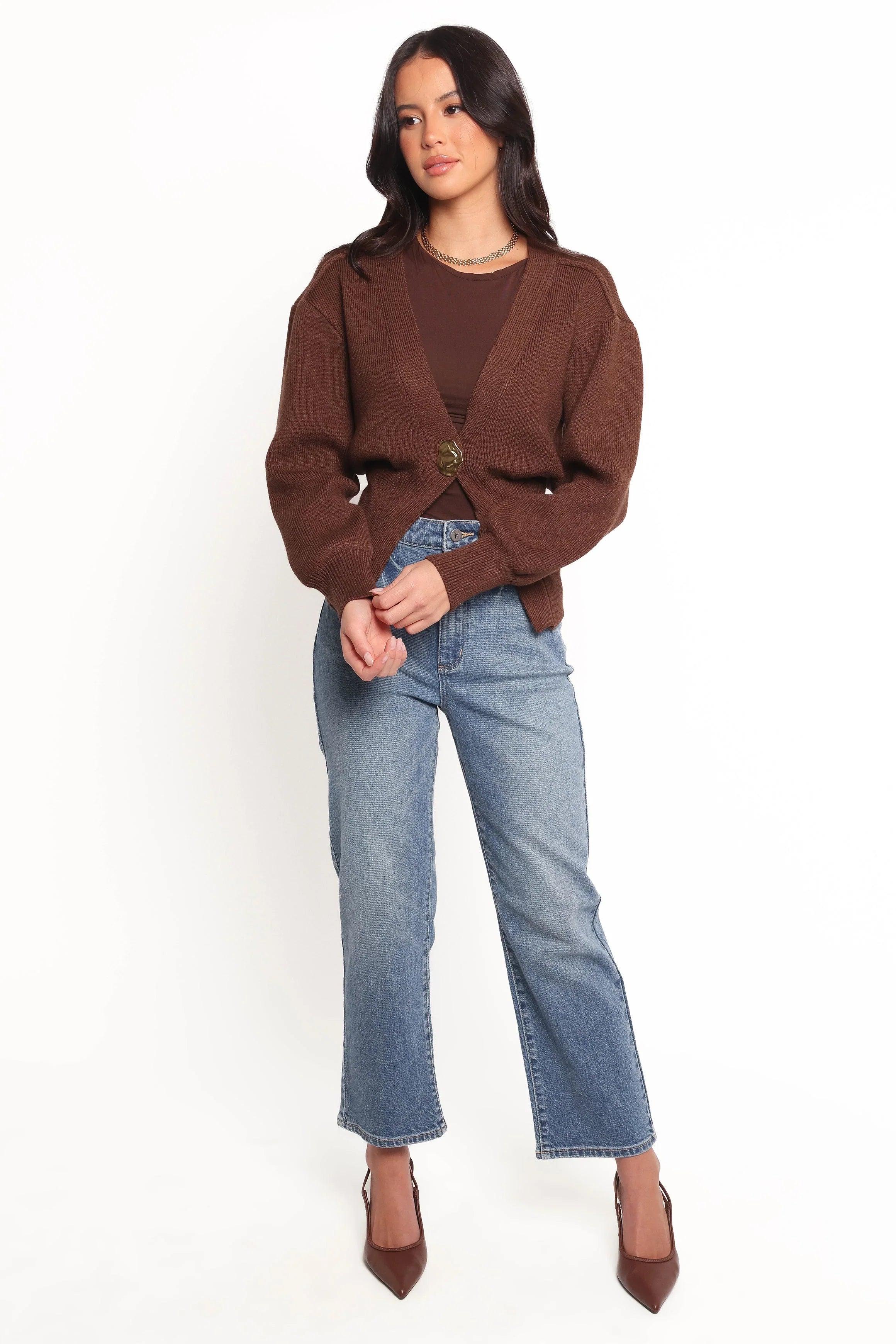 Cyrelle Single Button Cardigan Brown