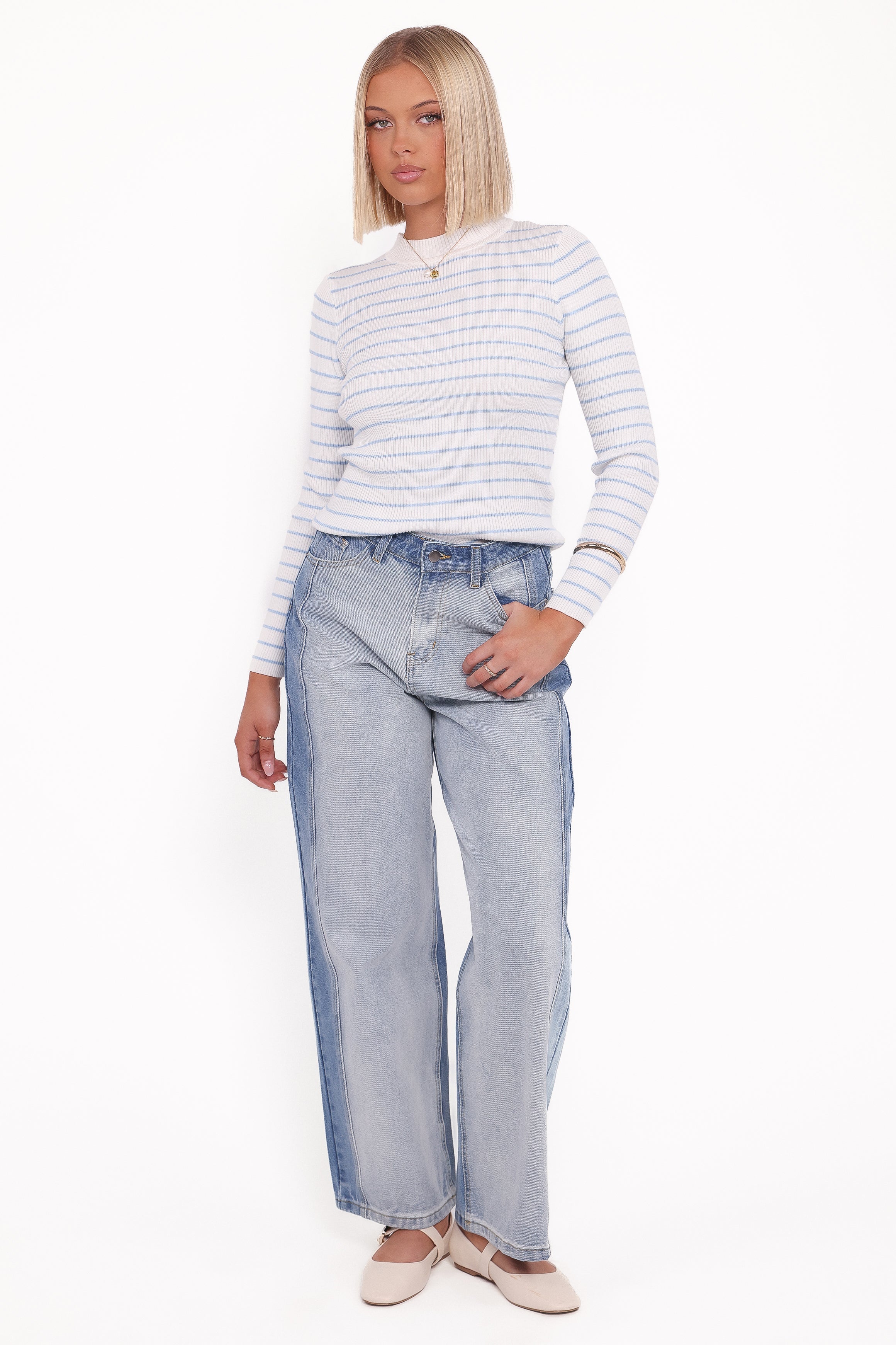 Stacie Ribbed Knit Top Light Blue Stripe