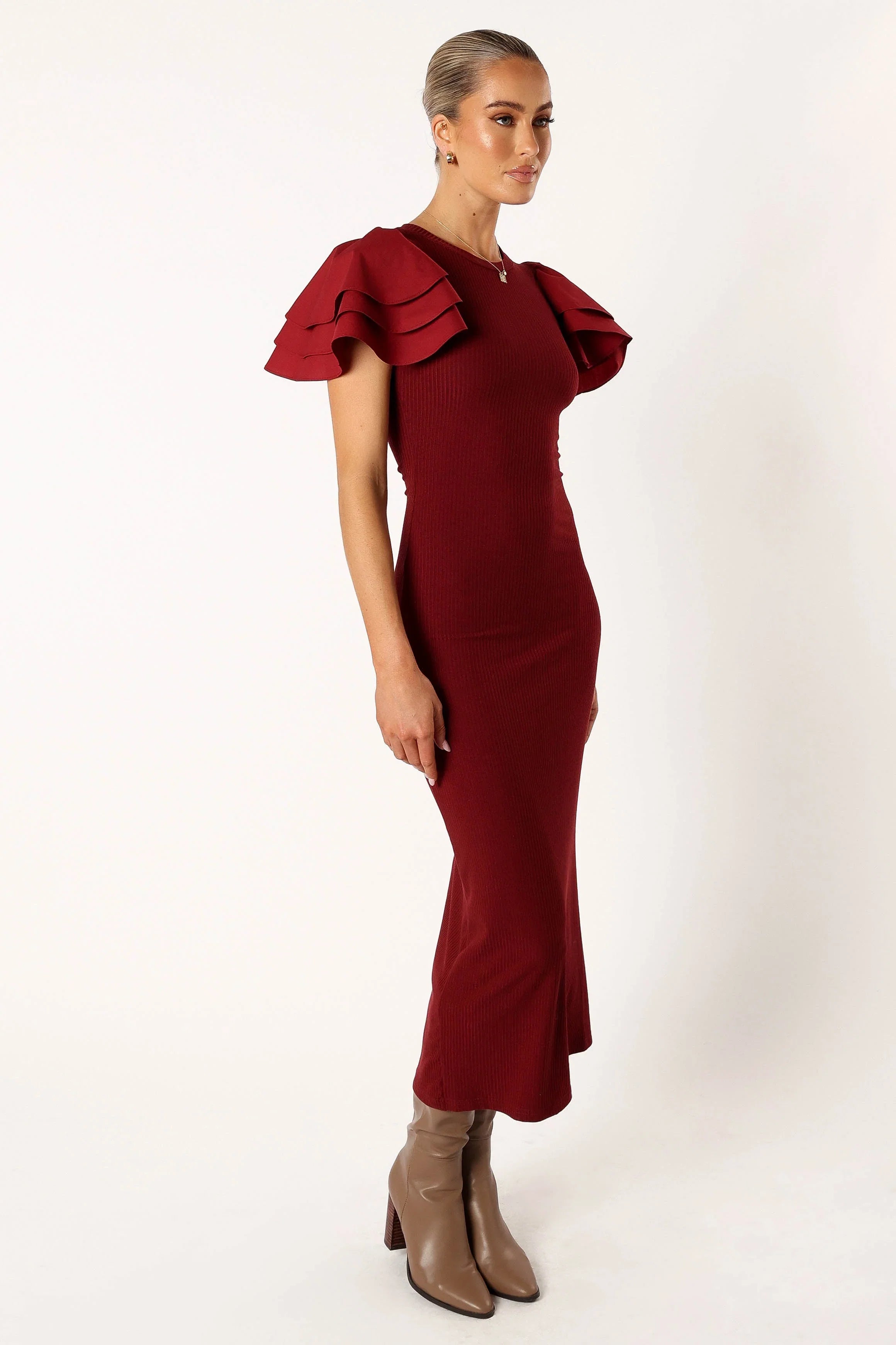 Cally Ruffle Sleeve Midi Dress Wine