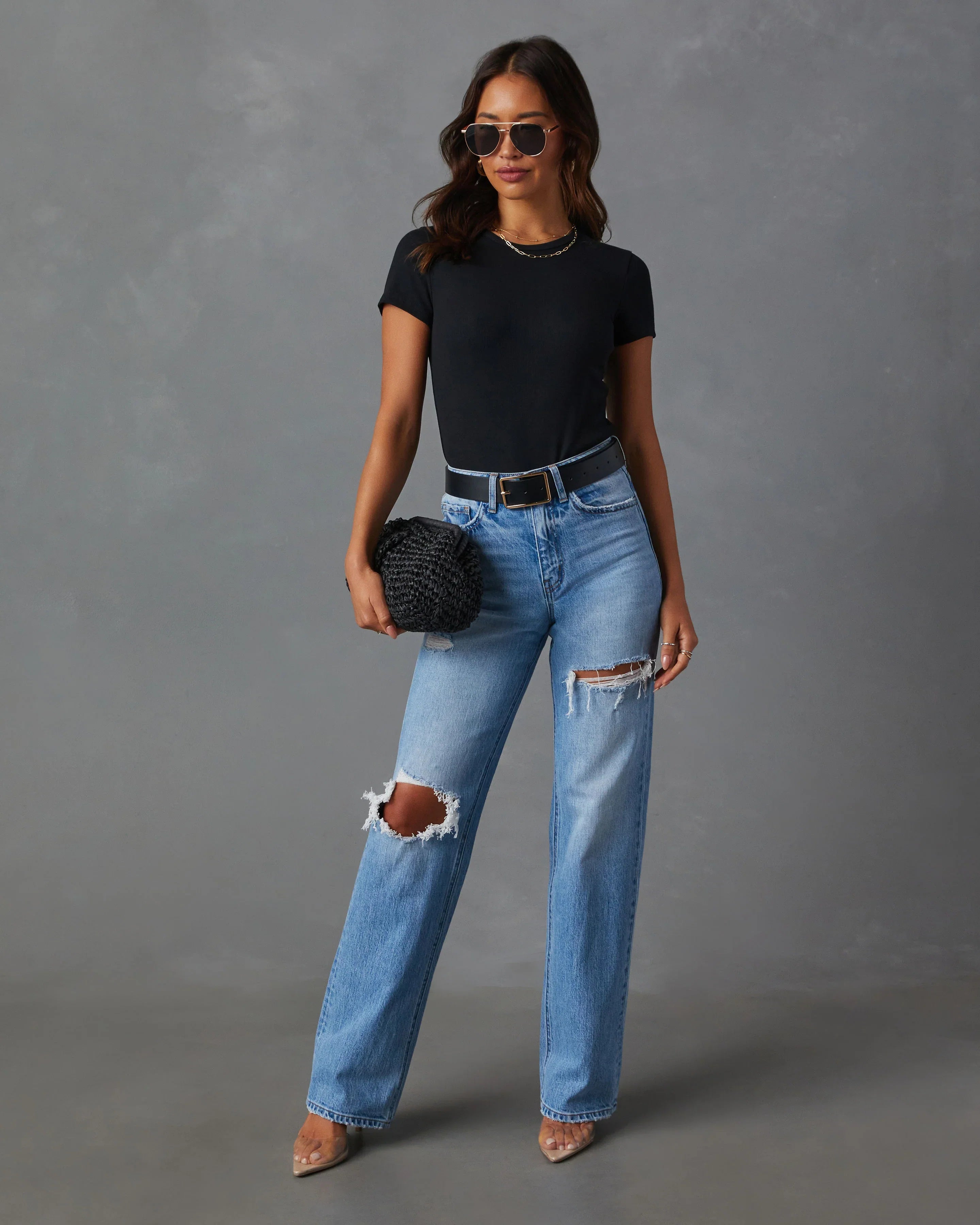 Sequoia Stretch High Rise Straight Leg Distressed Jeans
