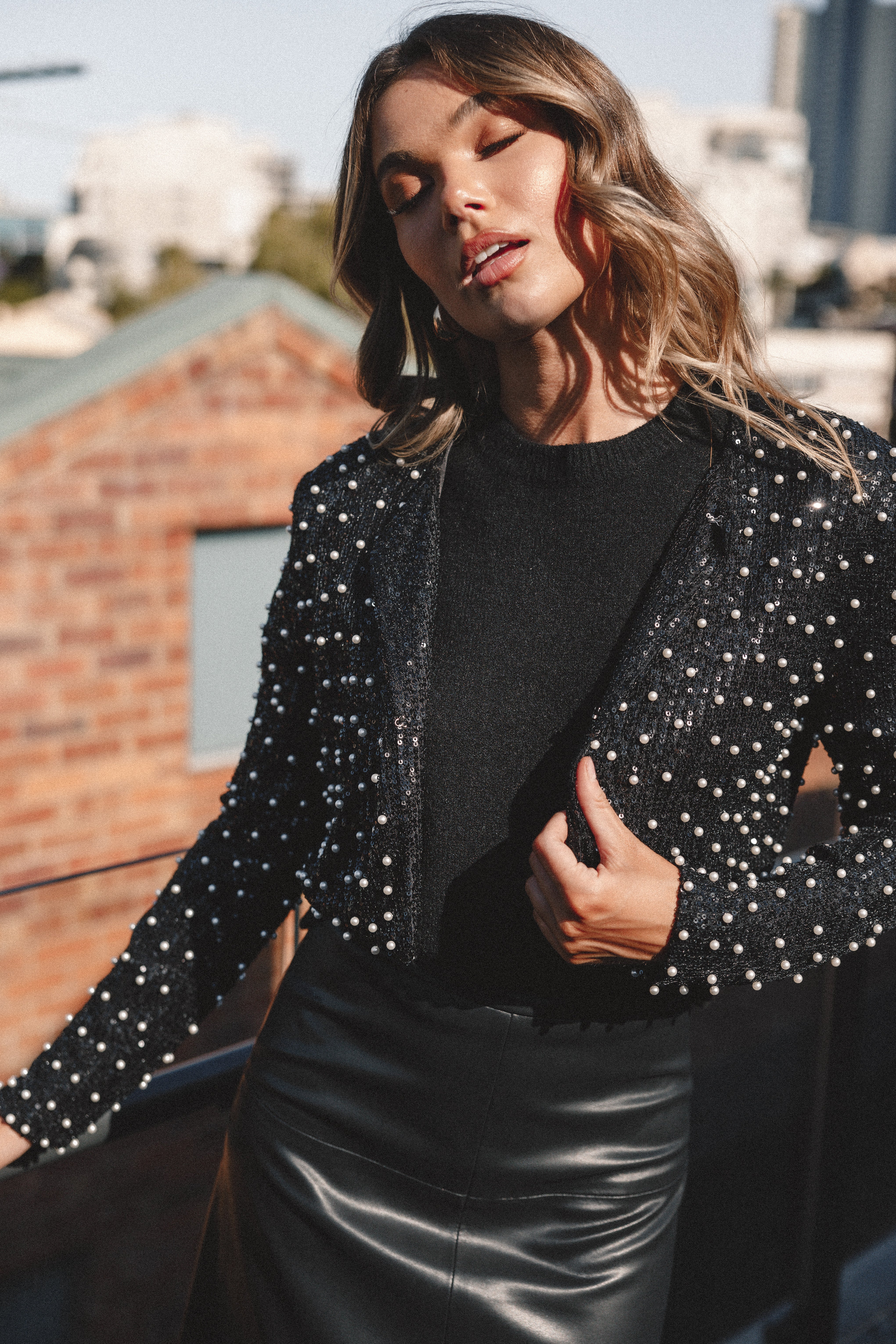Monica All Over Pearl Crop Jacket Black