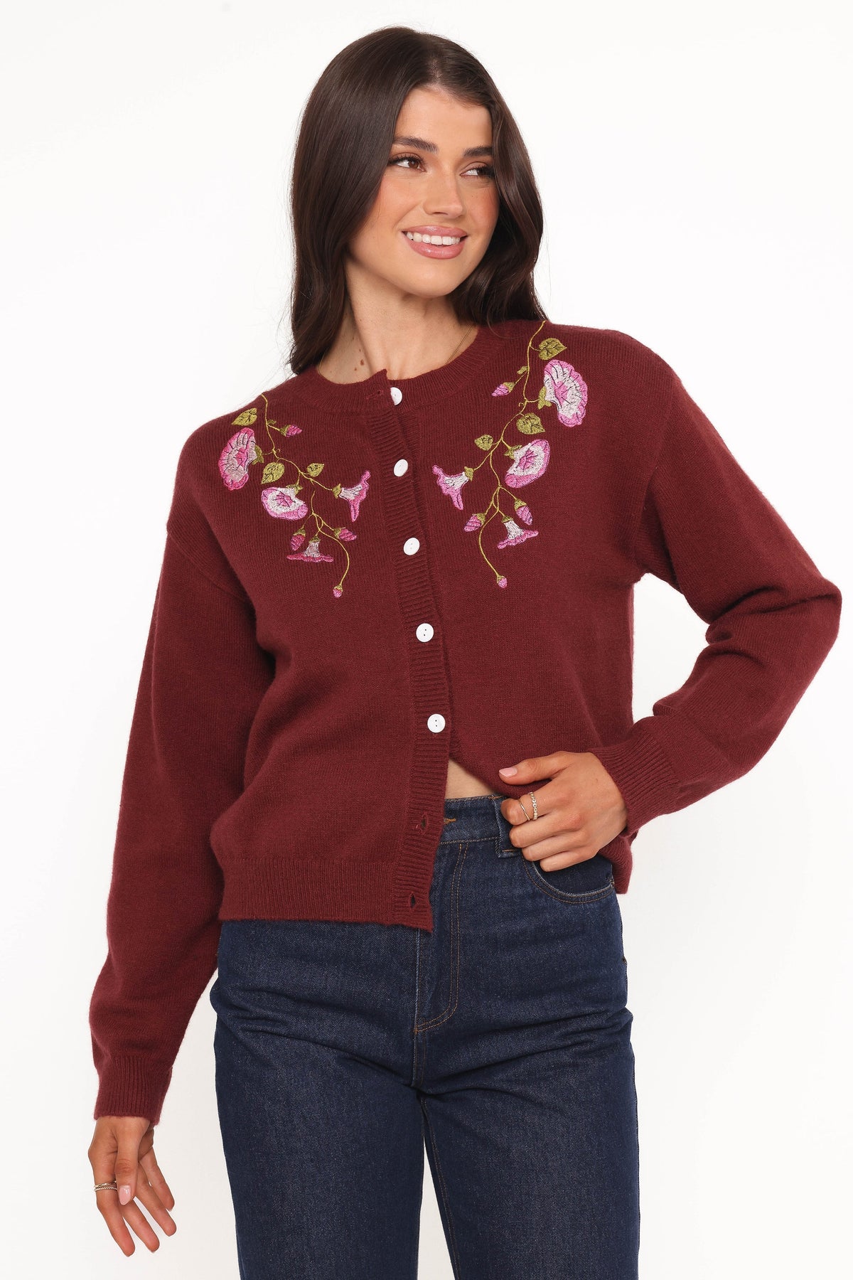 Brittany Placed Embroidery Flower Cardigan Burgundy