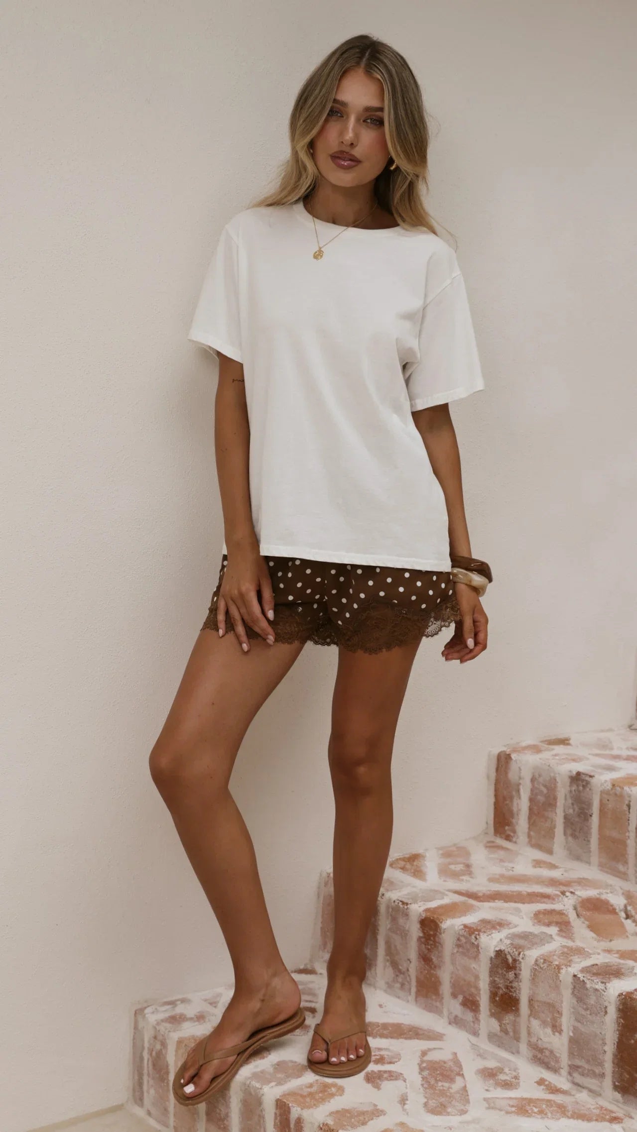Makoa Lace Shorts Choc White Polka