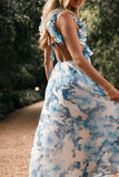 Lucah Frill Shoulder Maxi Dress Blue White Floral
