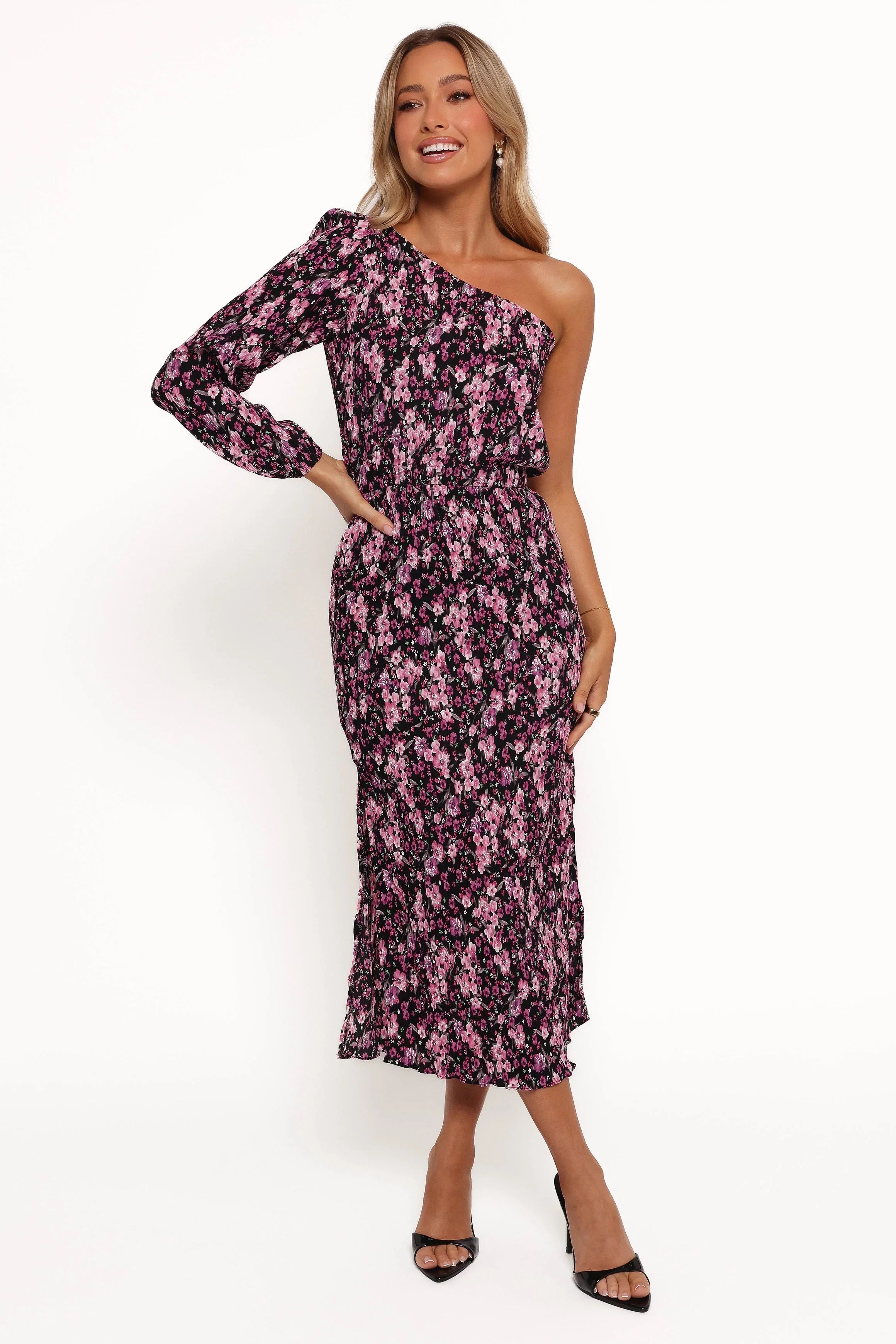 Pontee One Shoulder Pleated Midi Dress Black Purple