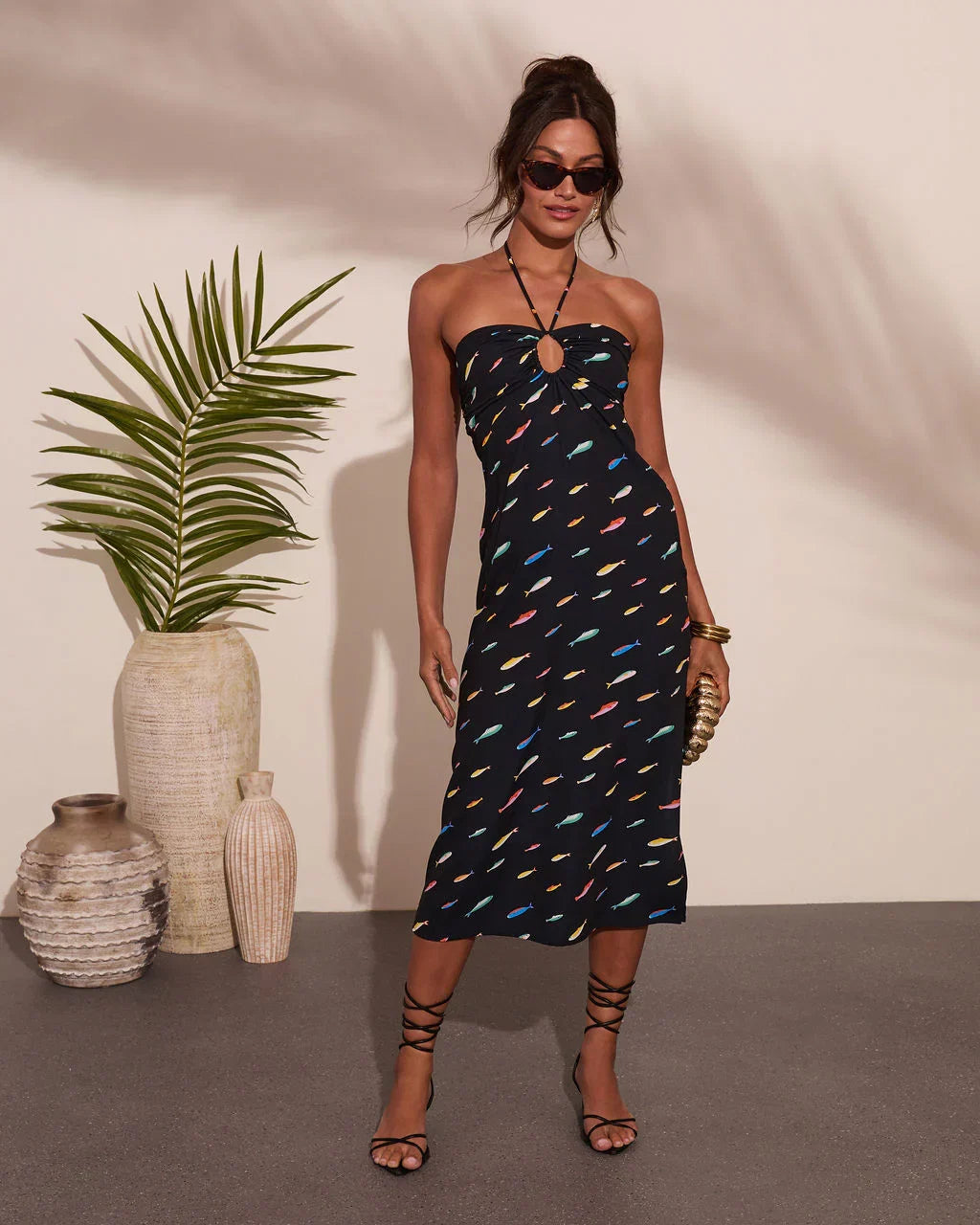 Marine Muse Fish Print Halter Neck Midi Dress