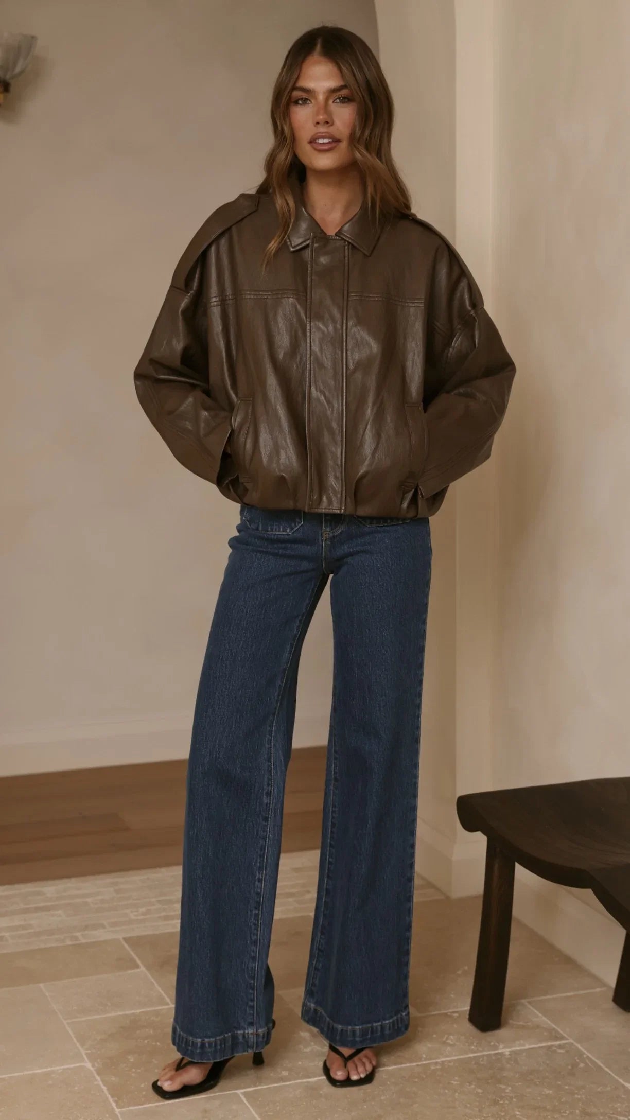Leela Vegan Leather Bomber Jacket Brown