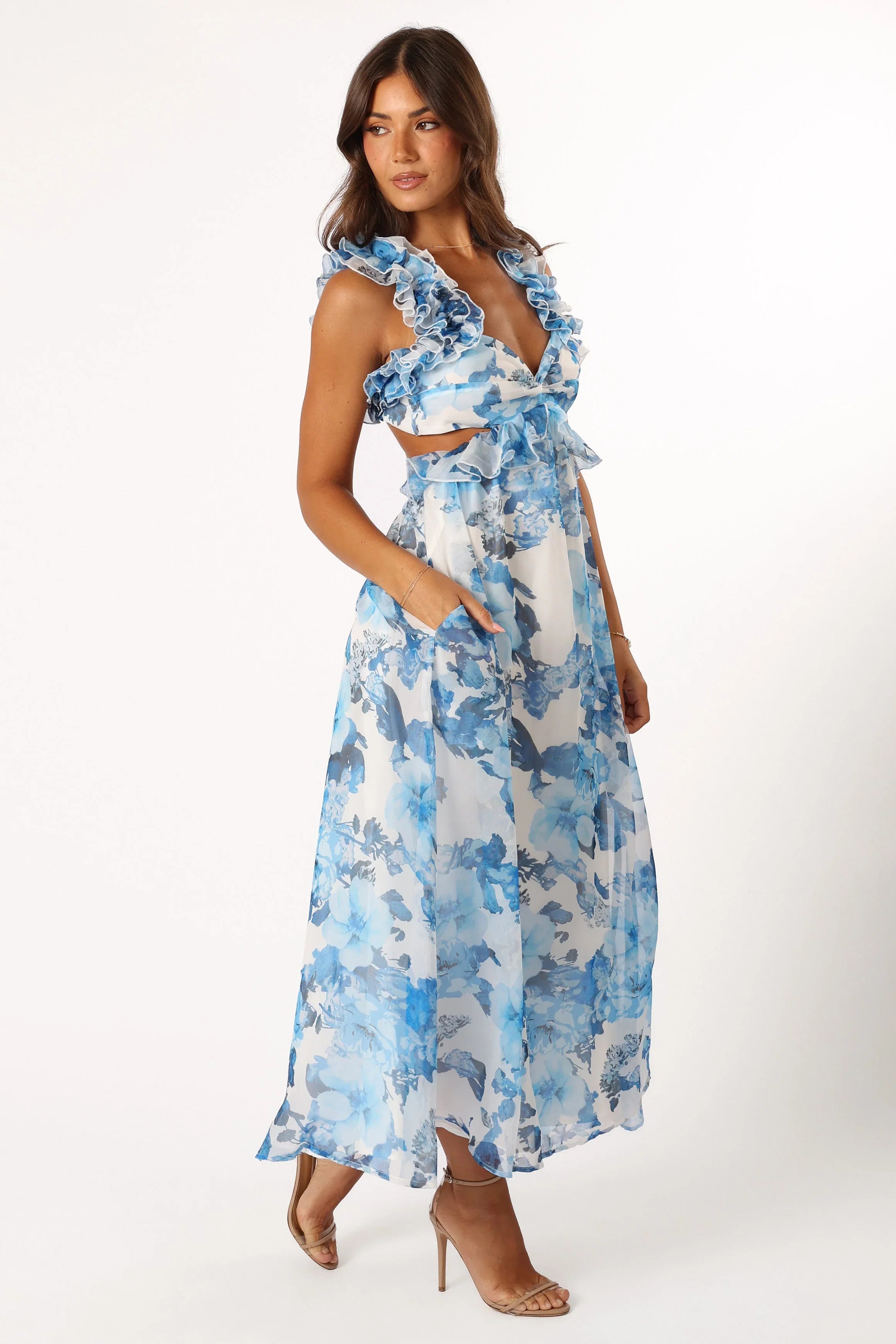 Lucah Frill Shoulder Maxi Dress Blue White Floral