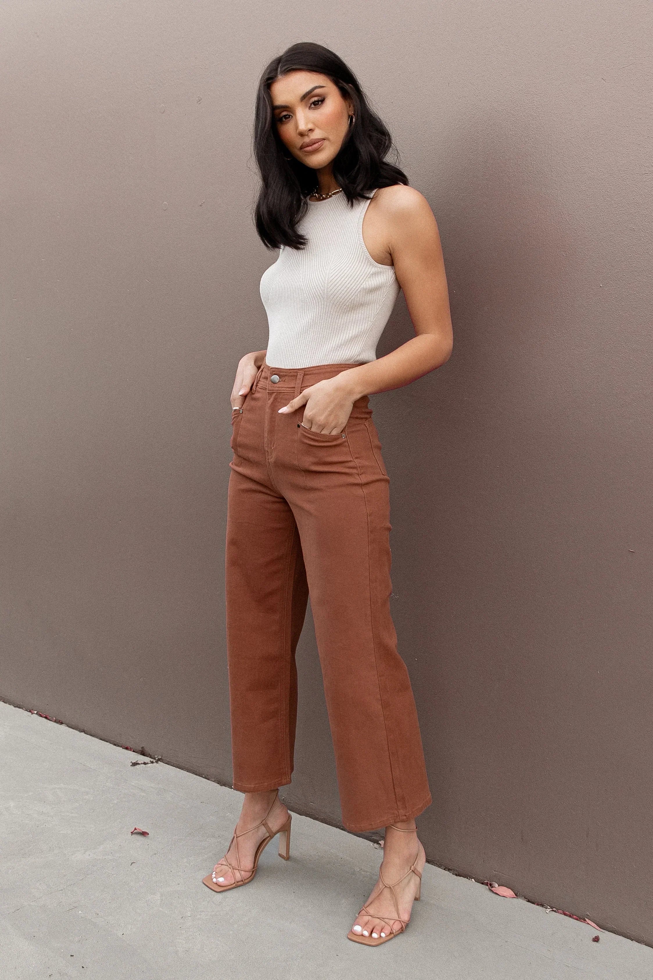 Georgette High Waisted Straight Leg Pants Brown