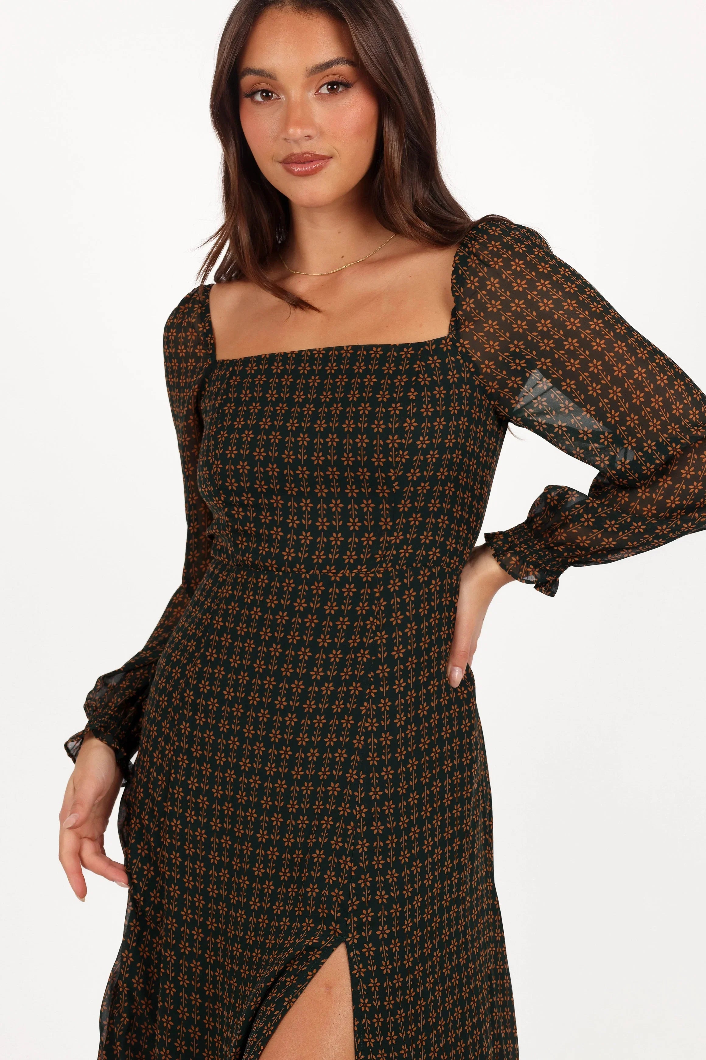 Ettie Long Sleeve Midi Dress Pine Tan