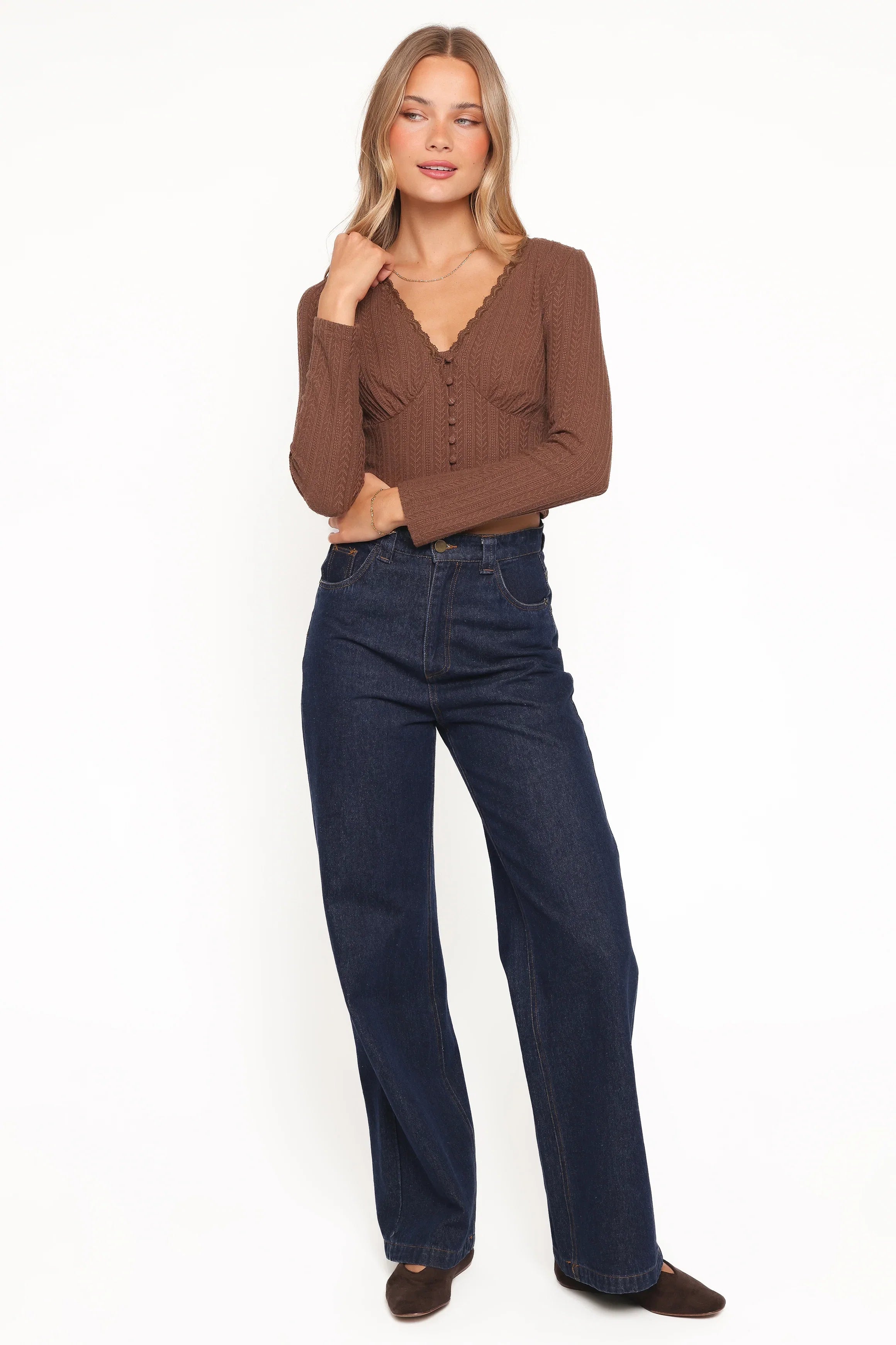 Leslie Long Sleeve Textured Button Front Top Chocolate
