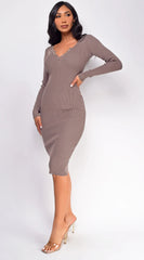Aura Button Ribbed Midi Dress Beige