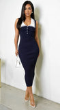 Neya Contrast Collar Ribbed Midi Dress Blue