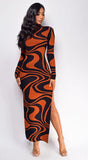 Autumn Black Rust Brown Jacquard Side Slit Maxi Dress