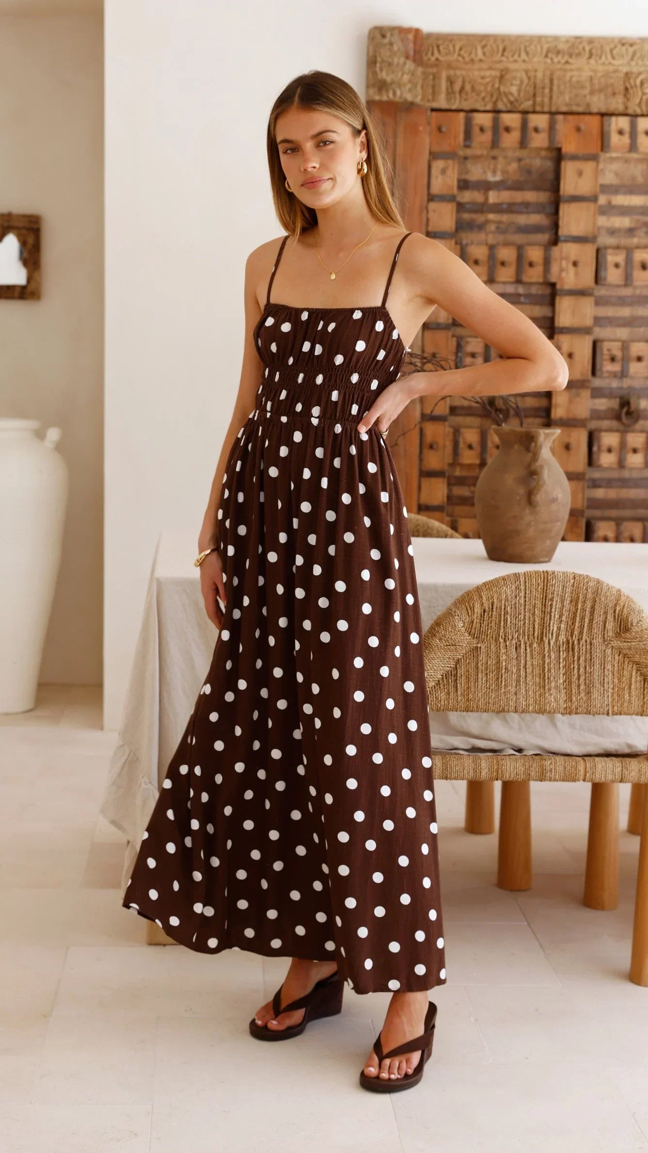 Solare Maxi Dress Brown White Polka