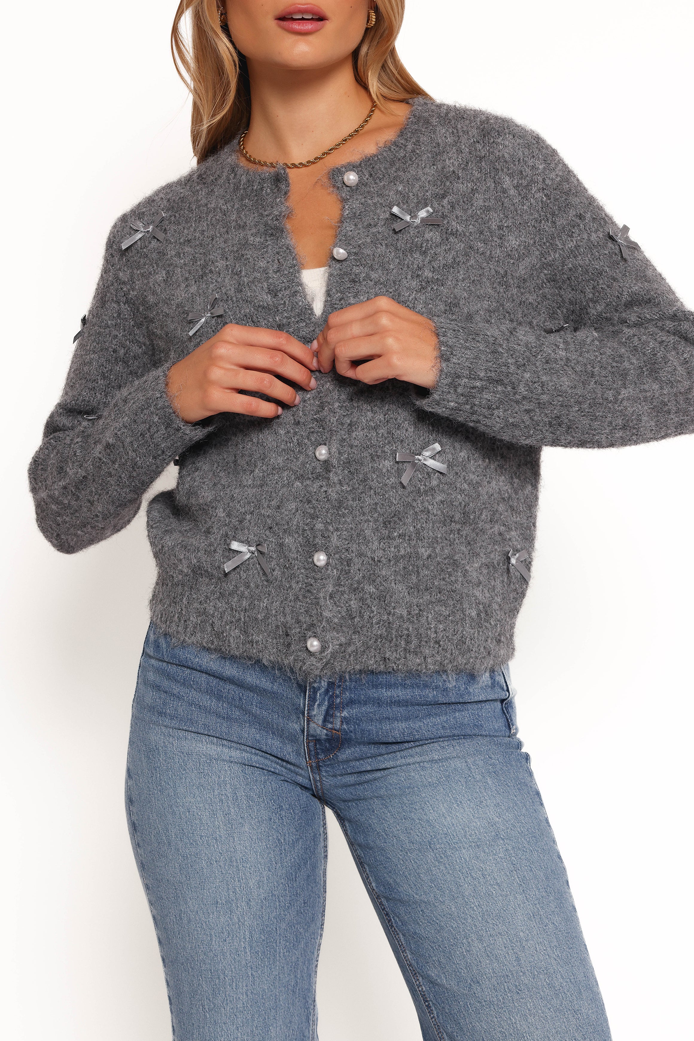 Mellie All Over Bow Button Front Cardigan Grey