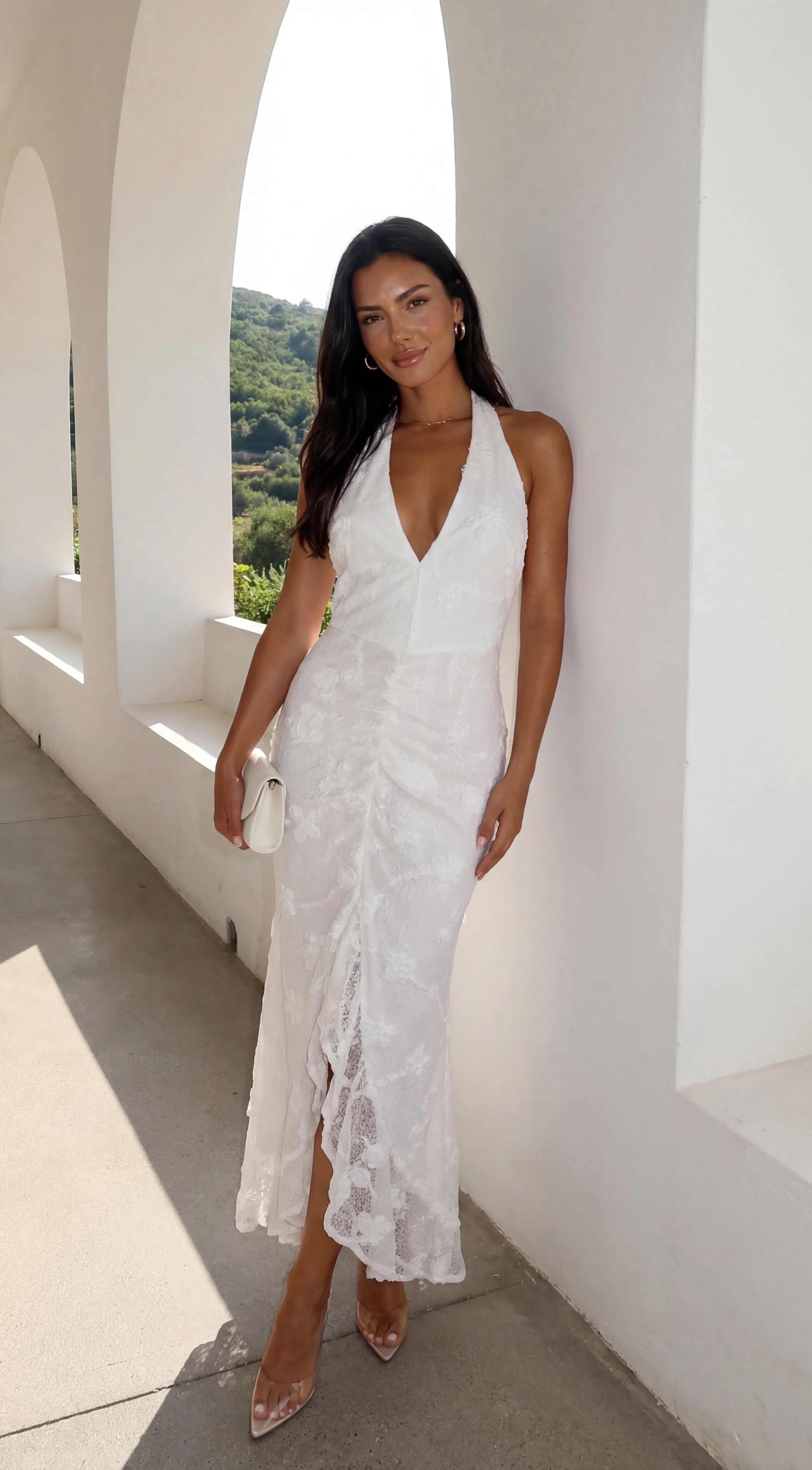 Amalfia Embroidered Halter Maxi Dress White