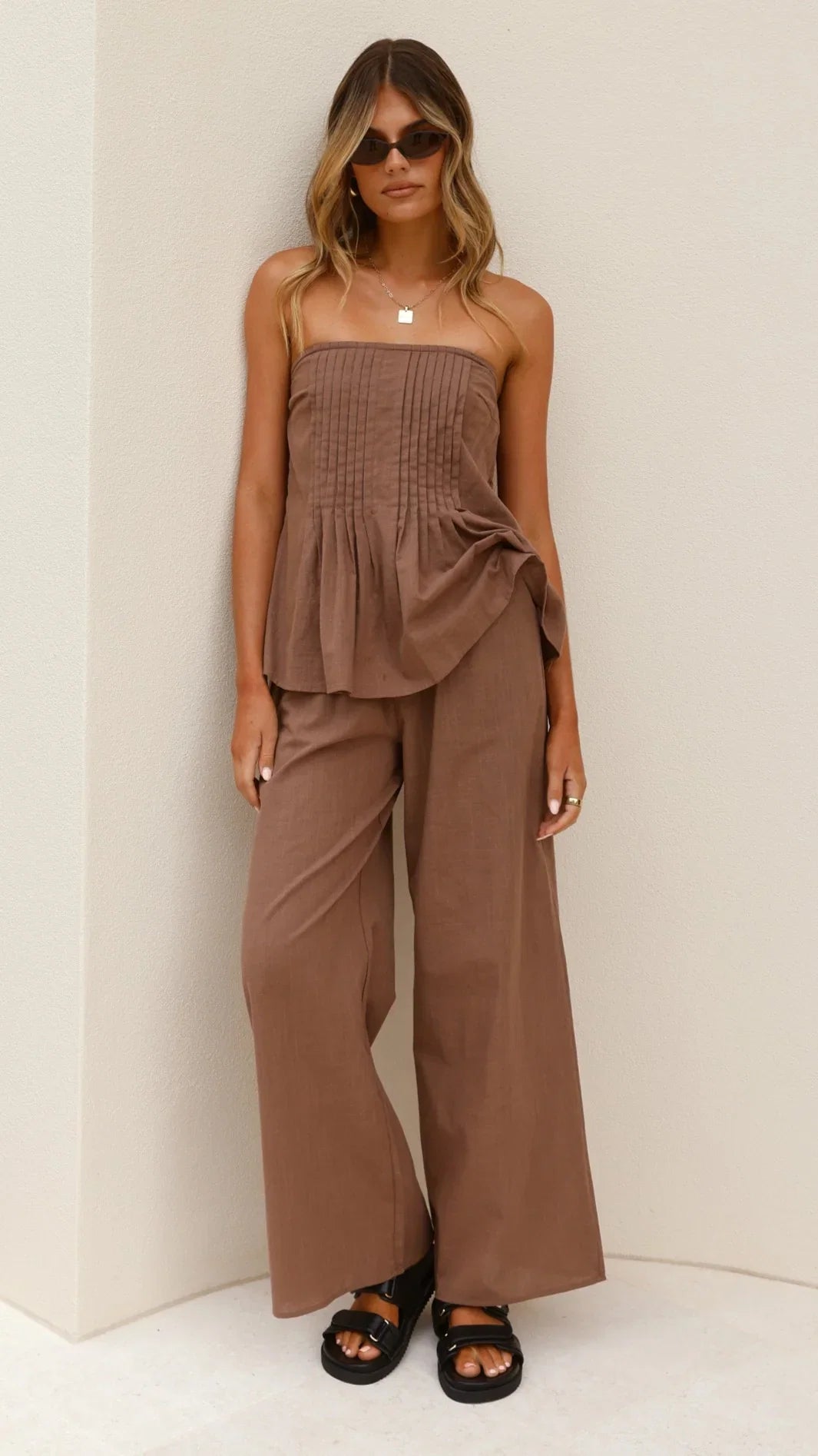 Sharni Strapless Pleat Top and Pants Set Chocolate