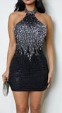Aeliana High Neck Rhinestone Mini Dress Black