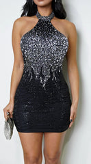 Aeliana High Neck Rhinestone Mini Dress Black