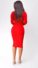 Desma V Neck Button Detail Midi Dress Red