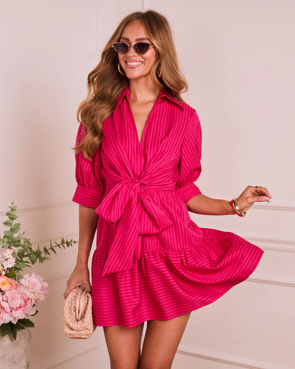 Adonie Striped Front Tie Mini Shirt Dress