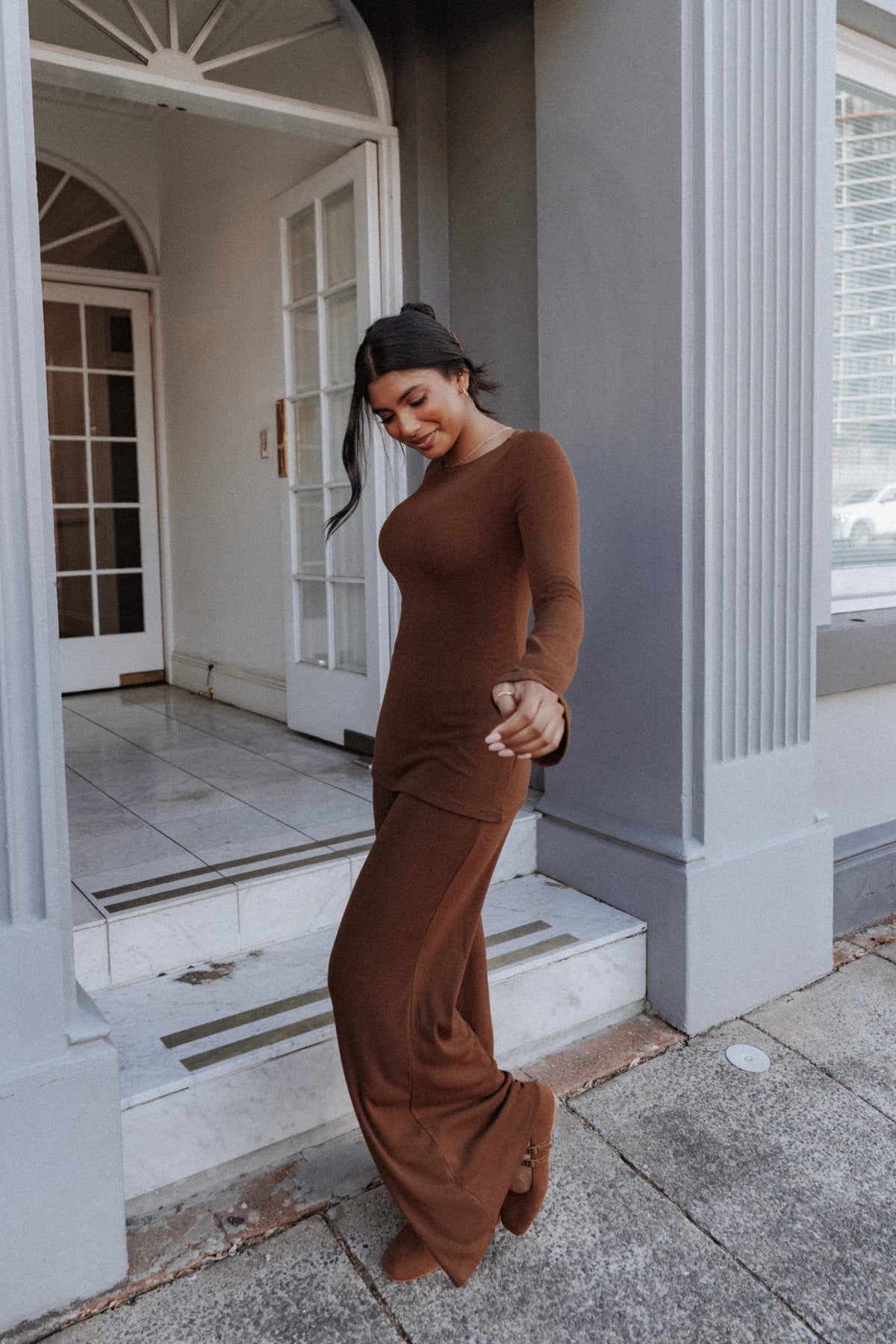 Selly Knitted Pant Set Brown