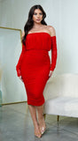 Annora Mesh Long Sleeve Ruched Midi Dress Red