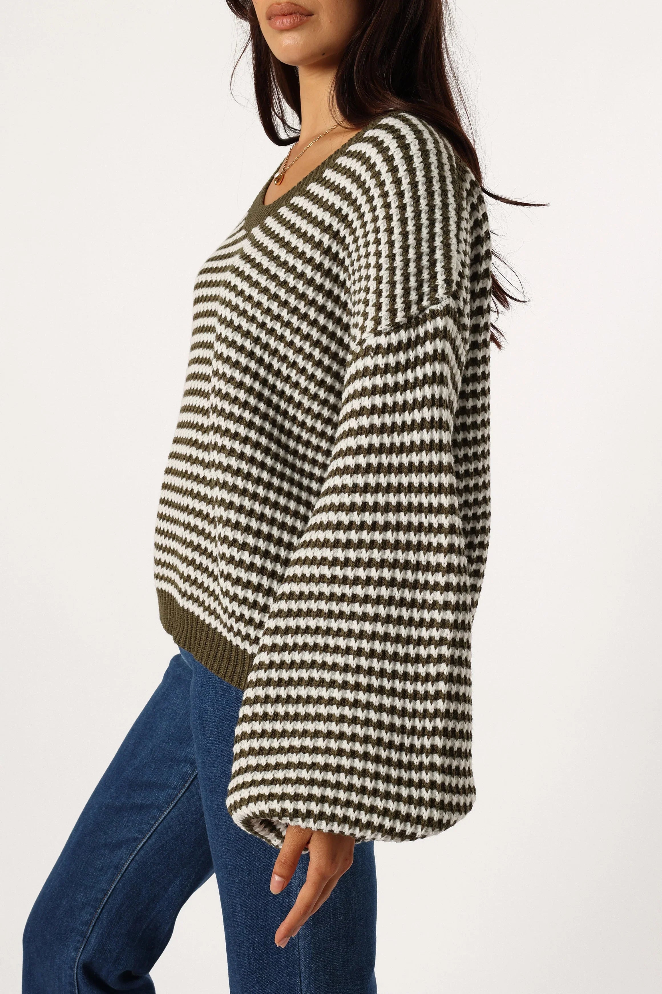 Becca Crewneck Waffle Stitch Stripe Knit Sweater Olive