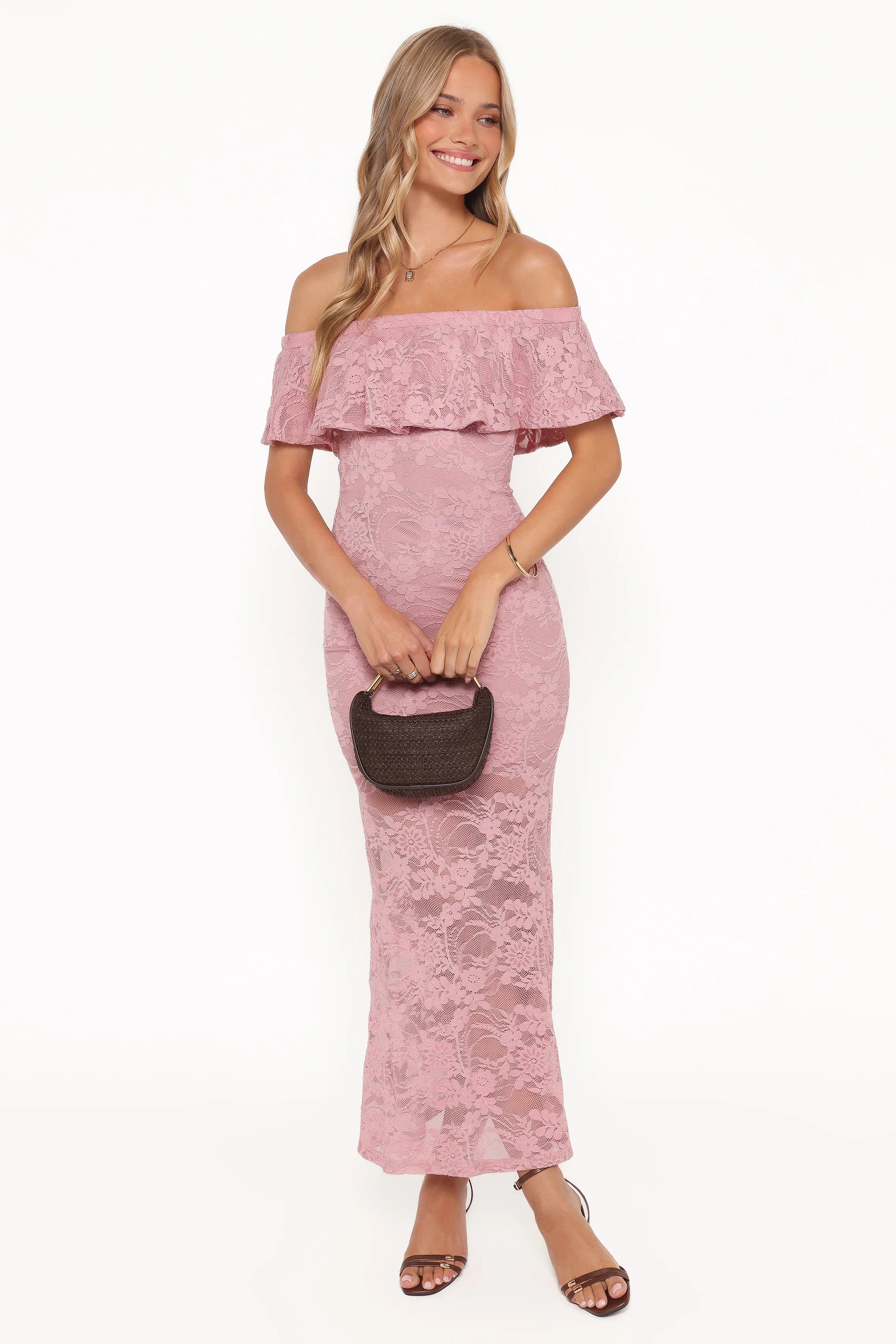 Mirelle Off Shoulder Lace Maxi Dress Pink
