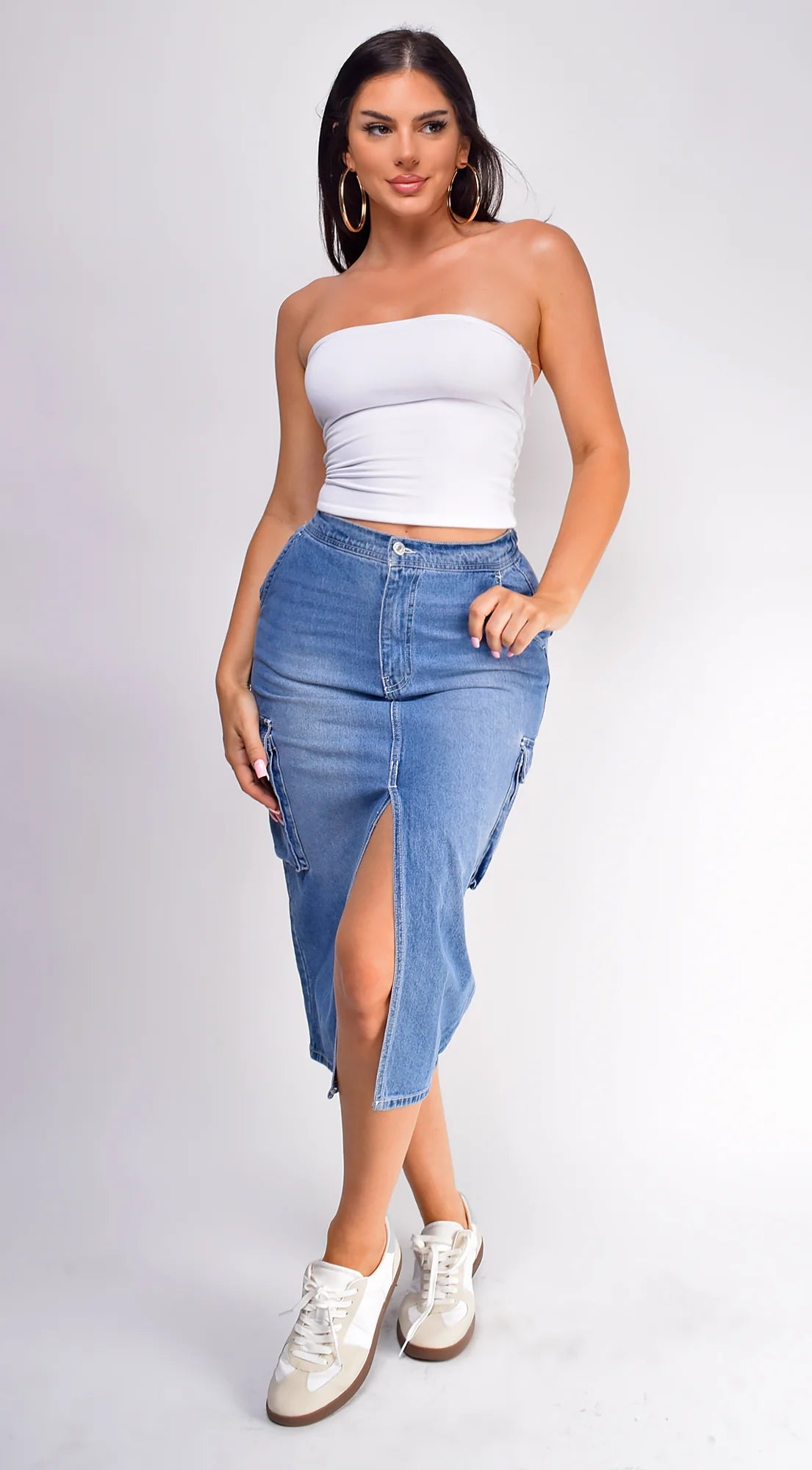 Sydney Denim Cargo Midi Skirt Blue