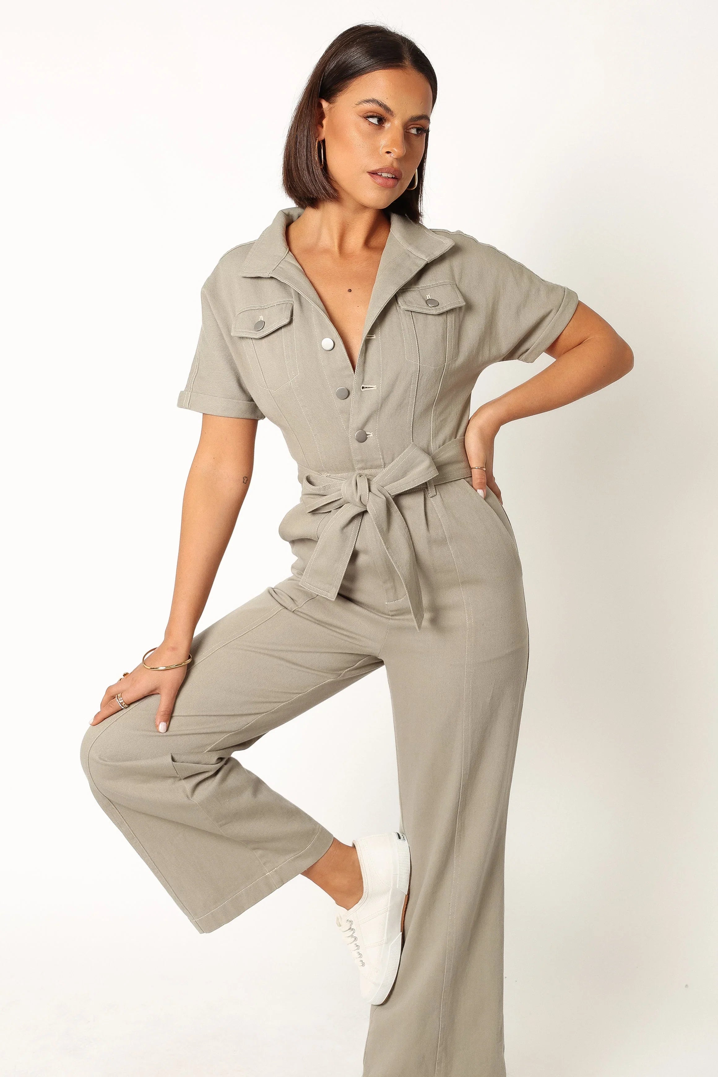 Demi Contrast Stitch Jumpsuit Olive