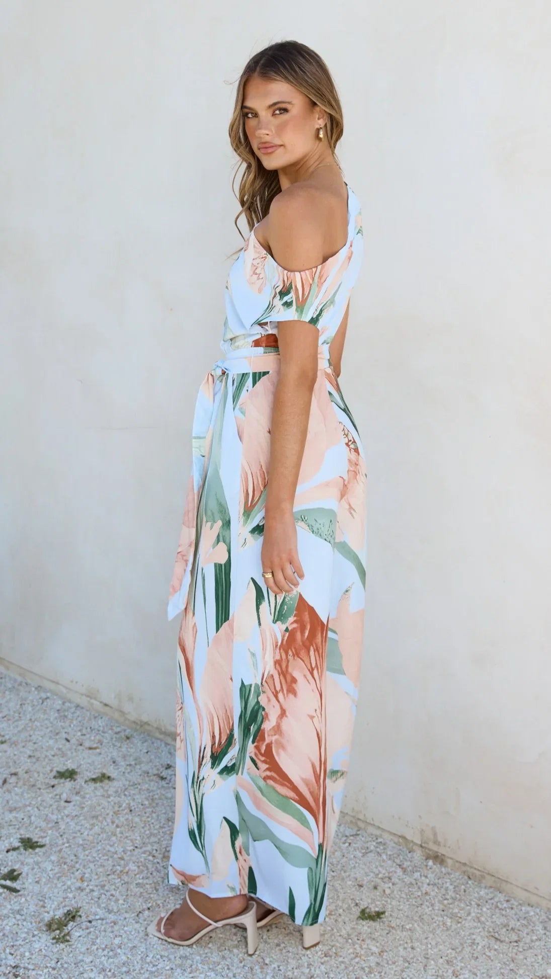 Oasis One Shoulder Jumpsuit Blue Peach Floral