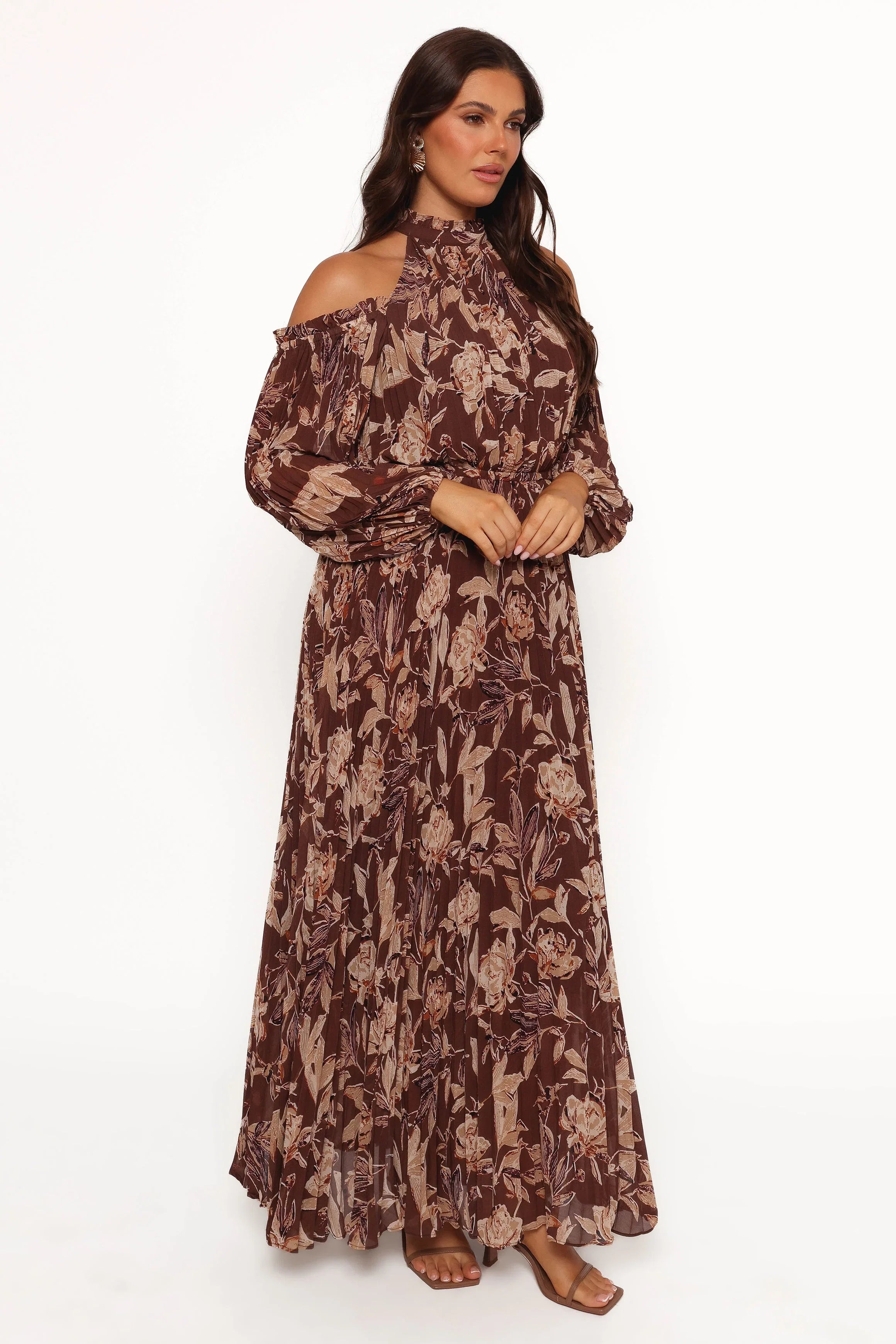 Hilary Pleated Maxi Dress Brown Floral